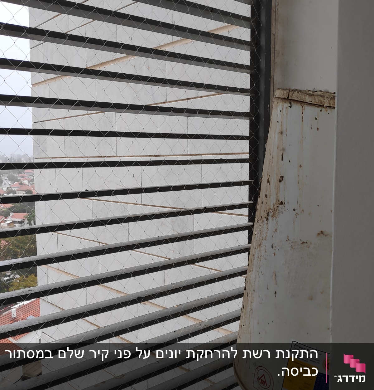 רשת מתכת מותקנת על חלון למניעת כניסת יונים